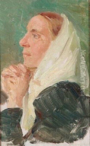 Portrait Of Martha Lundholm (study For Et Missionsmode) Oil Painting - Anna Kirstine Ancher
