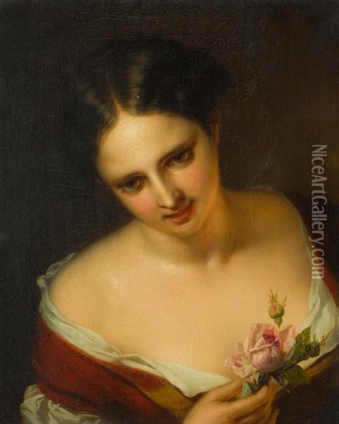 A Young Woman Holding A Rose Oil Painting - Eugene Francois De Block