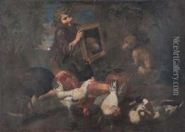 Animali Da Cortile E Ragazzo Con Scimmia Che Si Specchia Oil Painting - Antonio Maria Vassallo