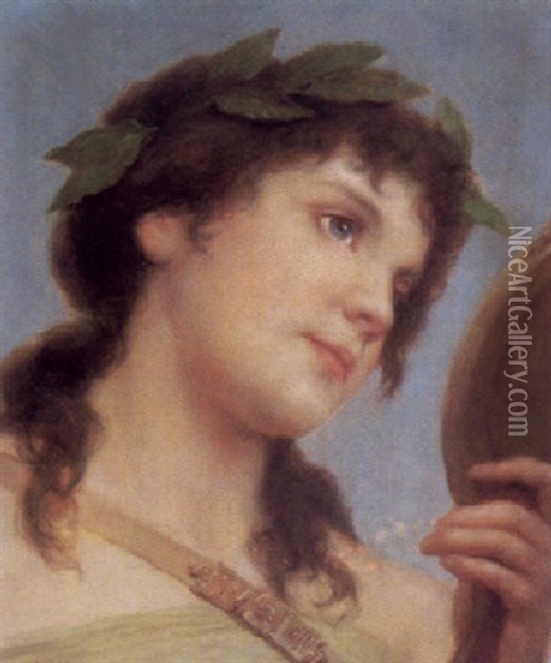 Der Lorbeer. Ein Junges Madchen Mit Einem Lorbeerkranz Betrachtet Sich In Einem Handspiegel Oil Painting - Gabriel von Max