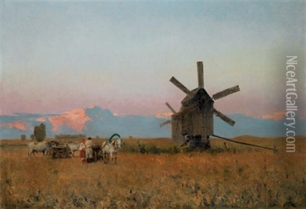 Landscape With Windmill Oil Painting - Sergei Ivanovich Svetoslavsky