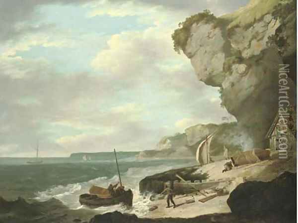 Coastal scene with fishermen on a beach in the foreground and sailing boats beyond Oil Painting - William Hodges