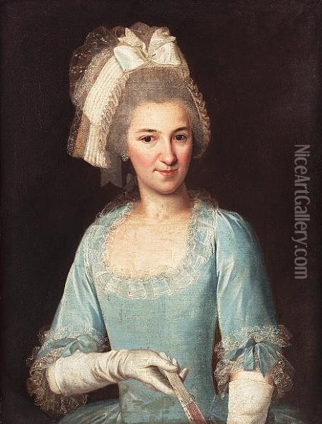 Portrait Of A Lady, Half-length, In A Turquoise, Lace-edged Dress And White Gloves, Holding A Fan Oil Painting - Wijbrand Hendriks