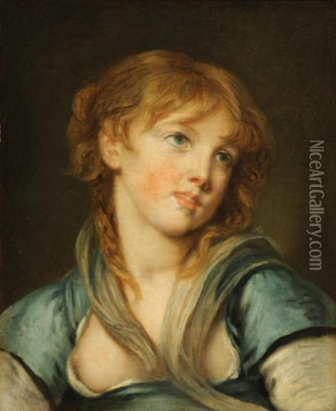 Portrait Of A Young Woman In Blue Oil Painting - Jean Baptiste Greuze