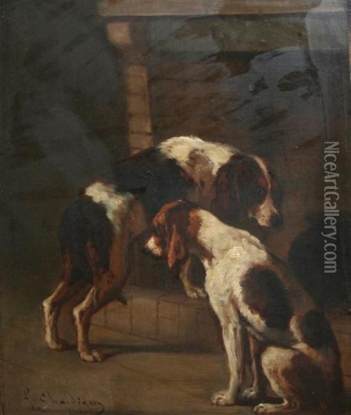 Hounds Beside A Hearth Oil Painting - Jules Chardigny