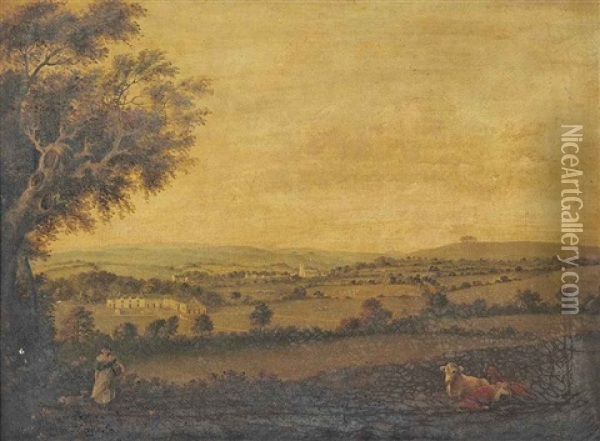 An Extensive Landscape With Cattle, A Girl And A Dog In The Foreground, A Farmstead With A Village And Church Beyond Oil Painting - Julius Caesar Ibbetson