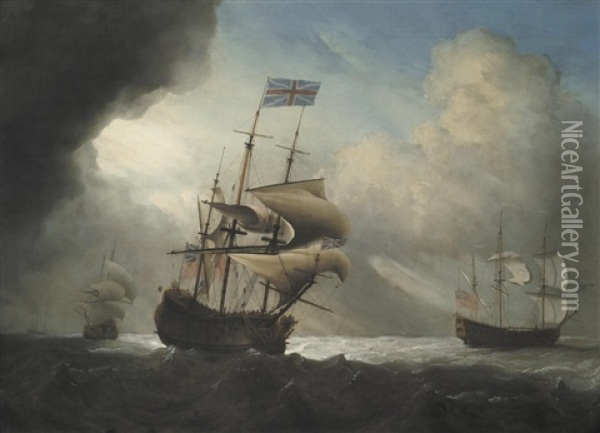 Warships Shortening Sail In A Breeze Oil Painting - Francis Swaine
