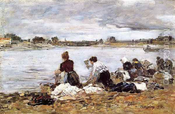 Laundresses on the Banks of the Touques III Oil Painting - Eugene Boudin