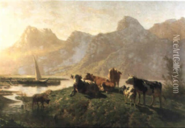 Kuhe Und Schafe Am Ufer Eines Bergsees Oil Painting - Charles (Jean-Ch. Ferdinand) Humbert