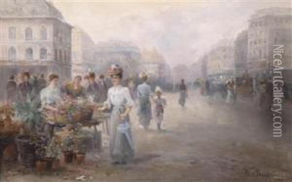 Flower Market In Brussels Oil Painting - Emil Barbarini