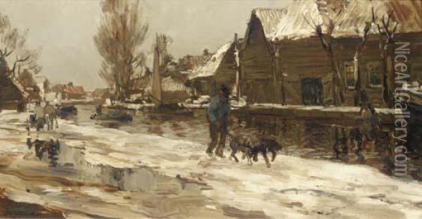 Along The Water In Winter Oil Painting - Johann Hendrik Van Mastenbroek