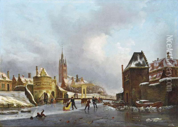 Figures On The Ice Near The Schoolpoort, Delft Oil Painting - Petrus Augustus Beretta