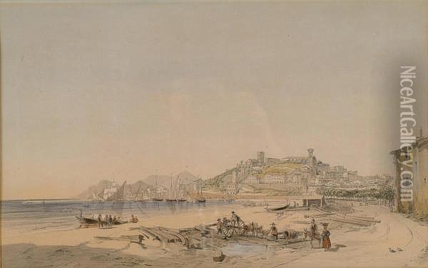 'figures On A Mediterranean Beach' And 'shipping Off A Coastal Town' Oil Painting - Charles Cabau