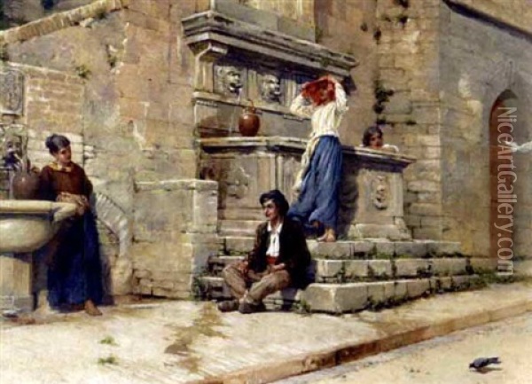 At The Fountain Oil Painting - Francis William Topham