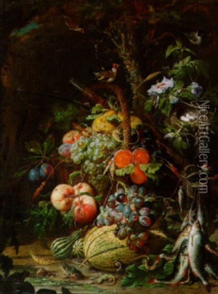 Stilleben Mit Obstkorb, Vogel Mit Vogelnest, Fischen, Froschen Und Molchen Oil Painting - Abraham Mignon