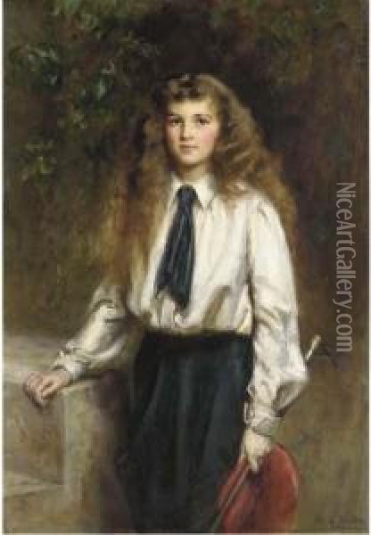 Portrait Of Molly, Daughter Of The Late Sir Arthur Pease, Bt., In Ariding Habit, Holding A Riding Crop Oil Painting - Mary Lemon Waller