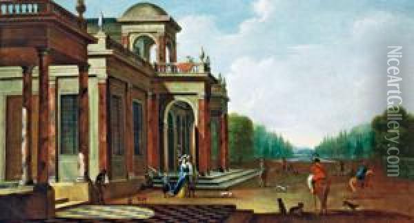 Architettura Di Palazzo In Un Parco Con Una Nobile Coppia Oil Painting - Jacobus Saeys