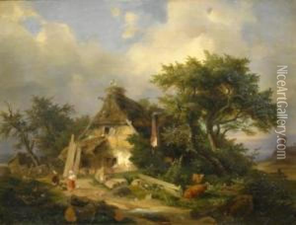 Farmer's Cottages Under Large Oaks Oil Painting - Friedrich Ii Preller