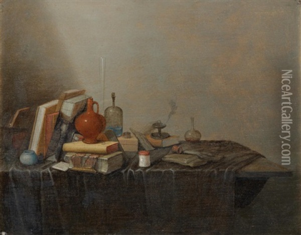 Books With An Earthenware Jug And Glass Bottles Along With Other Items On A Draped Table-top Oil Painting - Gerrit Van Vucht