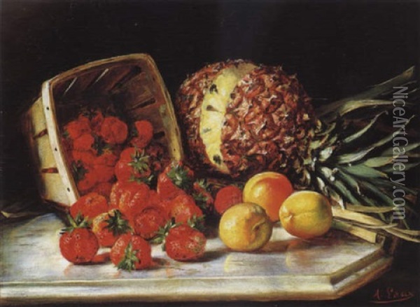 Still Life With Fruit  Upon A Marble Ledge Oil Painting - August Laux