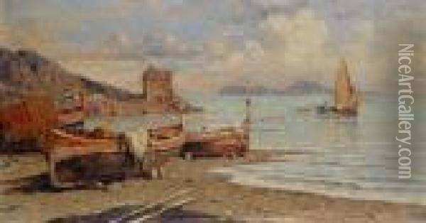 2 Gemalde: Fischer Im Golf Von Neapel. Fischerboote In Einer Bucht Oil Painting - Giuseppe Carelli