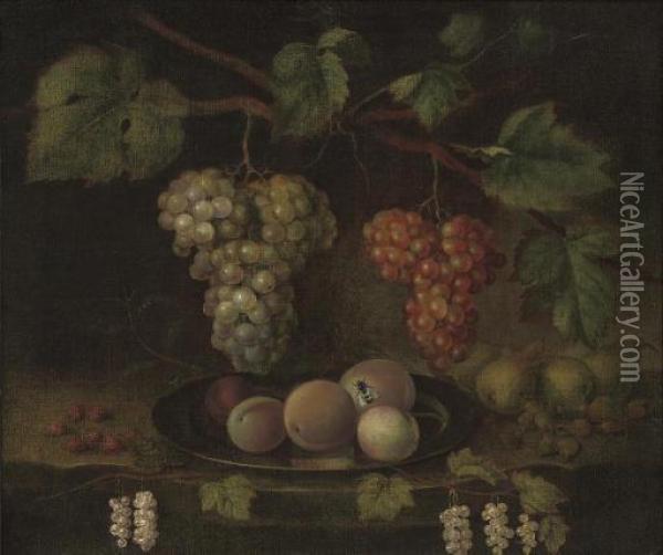 Peaches On A Pewter Platter, Grapes On The Vine, White Currents, Pears And Rasberries On A Table Oil Painting - George Gray