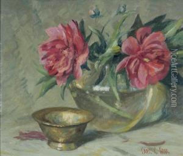 Still Life With Brass Bowl And Peonies Oil Painting - Carl C. Graf