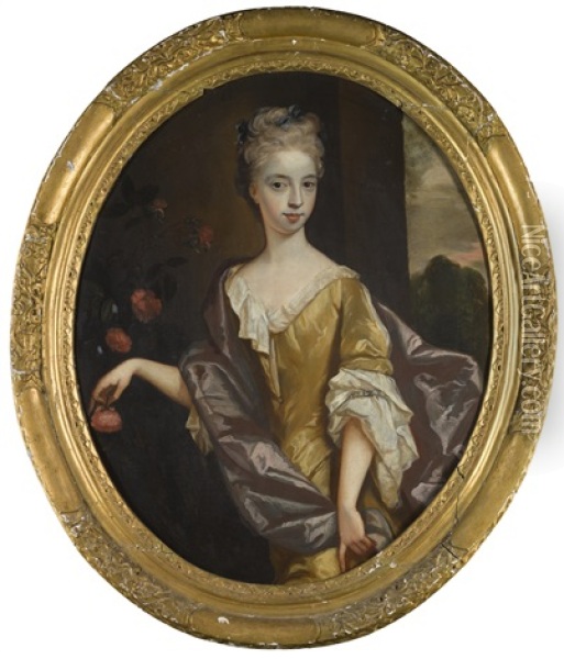 Portrait Of A Lady, Half-length, Wearing A Gold Dress With A Mauve Mantle Oil Painting - Thomas Hill