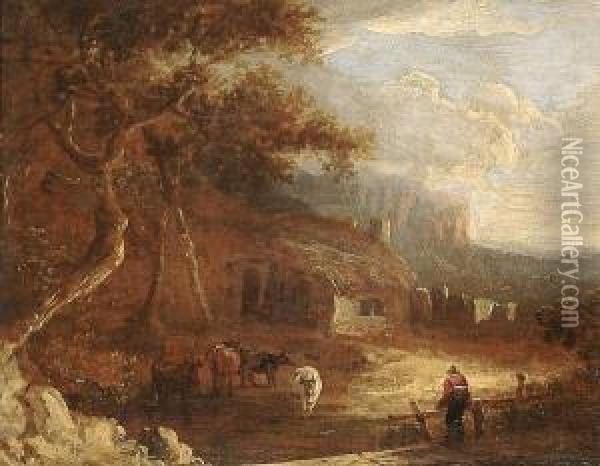 Cattle Before A Cottage, A View To A Distant Landscape Beyond Oil Painting - Benjamin Barker Of Bath