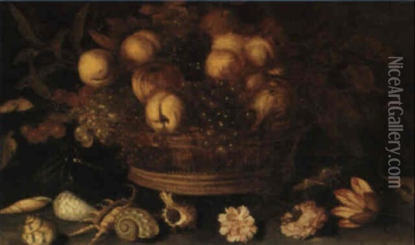 A Basket Of Fruit With Flowers, Seashells And Insects Arranged On A Ledge Oil Painting - Balthasar Van Der Ast