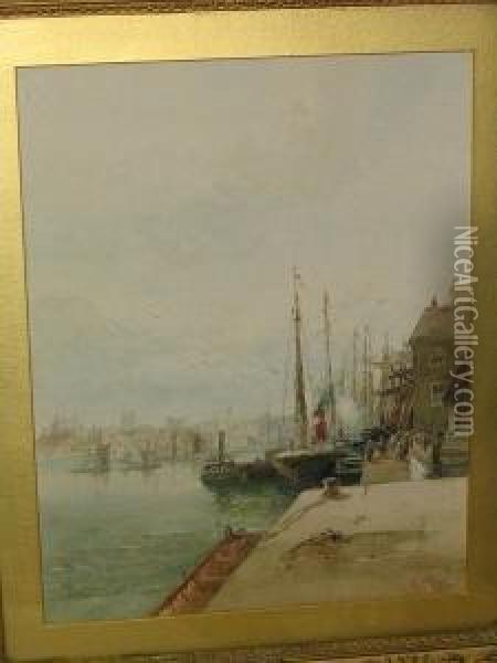 Busy Harbour Scene Oil Painting - Albert Pollitt