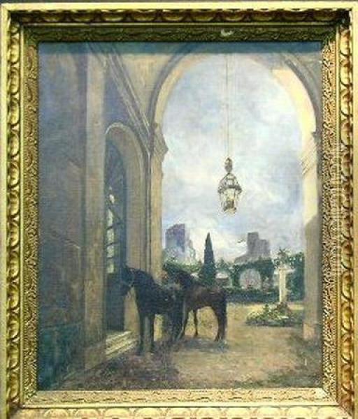Horses In A Courtyard Oil Painting - Giuseppe Raggio