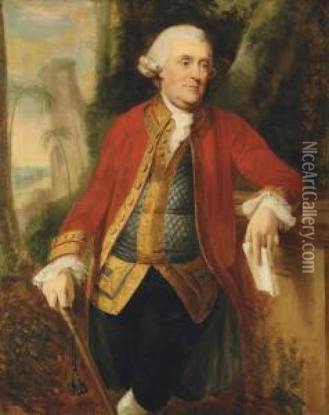 The Hon. John Skottowe, Governor Of St Helena, In Scarlet Coat Andgrey Embroidered Waistcoat, Holding A Cane And Letter Addressed'the Hon. John Skottowe Governor Of St. Helena', Standingthree-quarter Length In A Landscape, Shipping Off Jamestownbeyond Oil Painting - David Martin