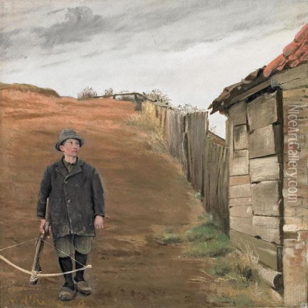 Armed Young Boy By Cottage Oil Painting - Laurits Andersen Ring
