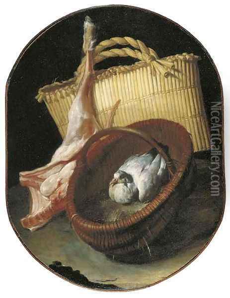 A still life with two baskets and a pigeon Oil Painting - Arcangelo Resani