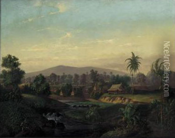 A Mountainous Wooded Landscape In Java Oil Painting - Christoffel Steitz De Wilde