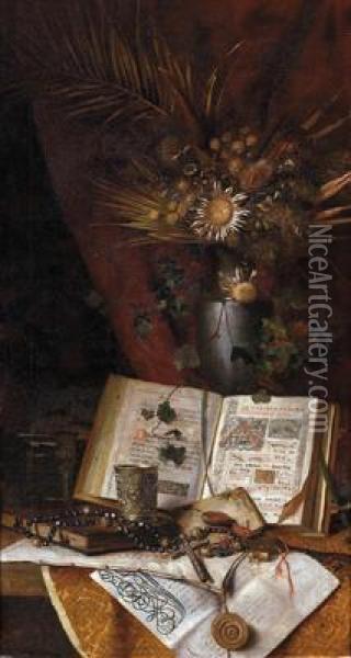 Still Life With An Arrangement Of Dry Flowers Oil Painting - Michael Kress