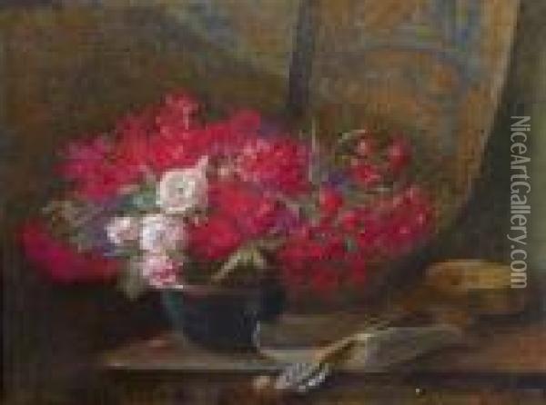 Stillebenmit Blumenstraus Und Gitarre Oil Painting - Hugo Charlemont