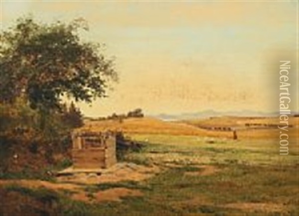 Landscape From Gurre So With Goose Girl Oil Painting - Anders Christian Lunde
