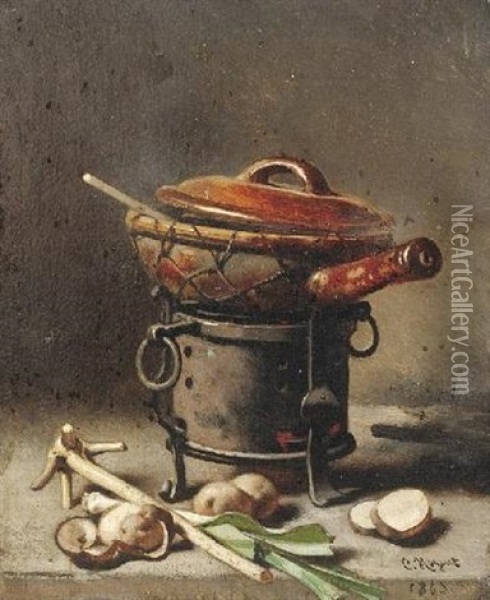 Kuchenstilleben Mit Einer Casserolle Auf Einem Stofchen, Davor Lauchgemuse Und Kartoffeln Oil Painting - Charles Hoguet