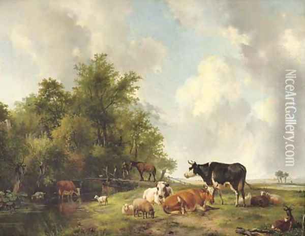 Cattle on the edge of a forest in an extensive sunlit landscape Oil Painting - Hendrikus van den Sande Bakhuyzen