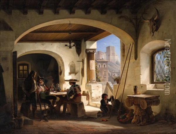 Picadores In A Tavern Beneath The Alhambra Oil Painting - Wilhelm Gail