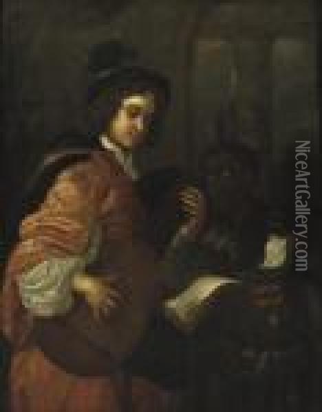 A Man Playing The Lute With A Servant Holding A Music Sheet Oil Painting - Karel De Moor