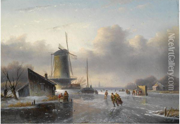 Skaters On A Frozen River, A 'koek En Zopie' In The Distance Oil Painting - Jan Jacob Coenraad Spohler
