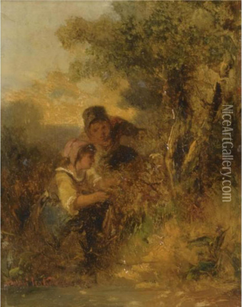 Deux Jeunes Paysannes Cueillant Des Fleurs Oil Painting - Jan Mari Henri Ten Kate