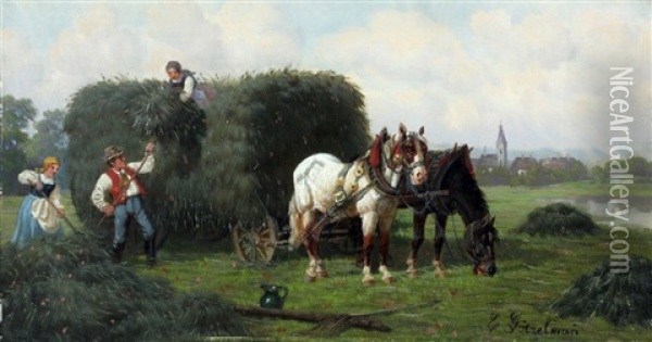 Een Landschap Met Landarbeiders Bij De Hooiwagen Met Paarden Oil Painting - Eduard Goetzelmann