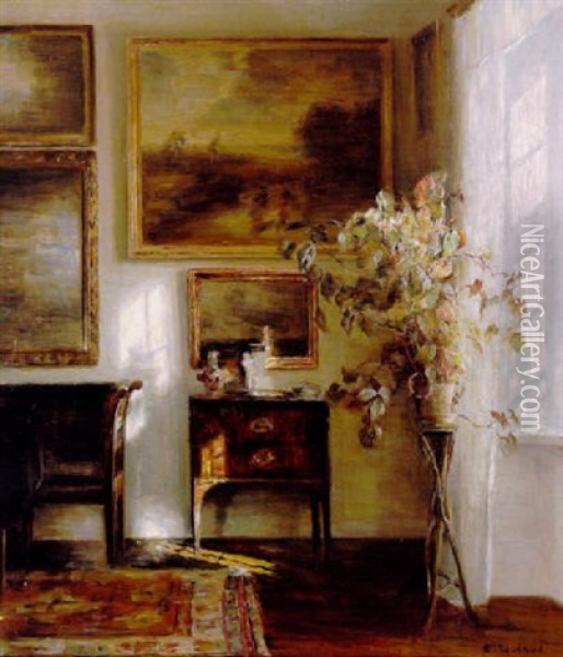 Solbeskinnet Interior Med Kommode, Plante Pa Piedestal Og Malerier Pa Vaeggen Oil Painting - Carl Vilhelm Holsoe