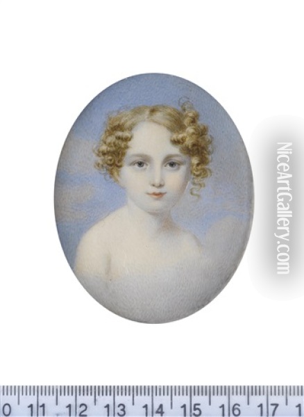 A Memorial Portrait Miniature Of A Child With Strawberry-blonde Hair Cropped Short And Curled In Ringlets, Floating In A Sky Background Oil Painting - Samuel John Stump