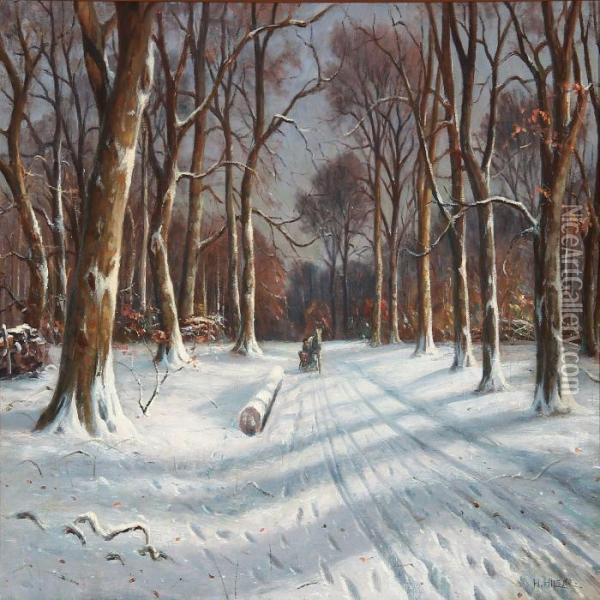 Winter Day In A Forest Oil Painting - Hans Hilsoe