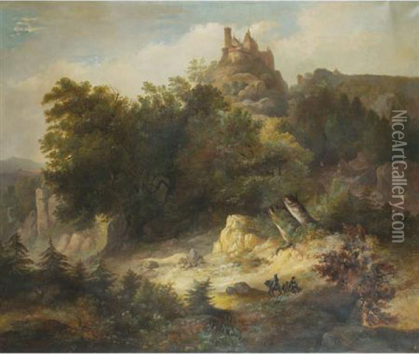 Mountainous Landscape With A Knight And His Squire Approaching A Castle Oil Painting - Ernest Finkernagel